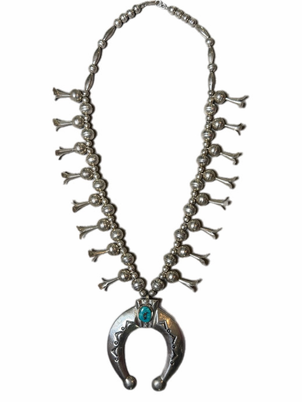 Vintage unmarked Native sterling silver & turquoise squash blossom necklace
